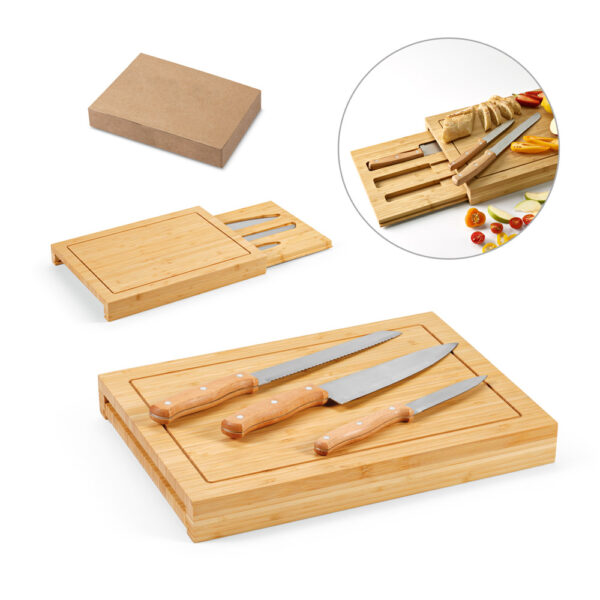 conjunto detábuas em bambu comm 3 facas