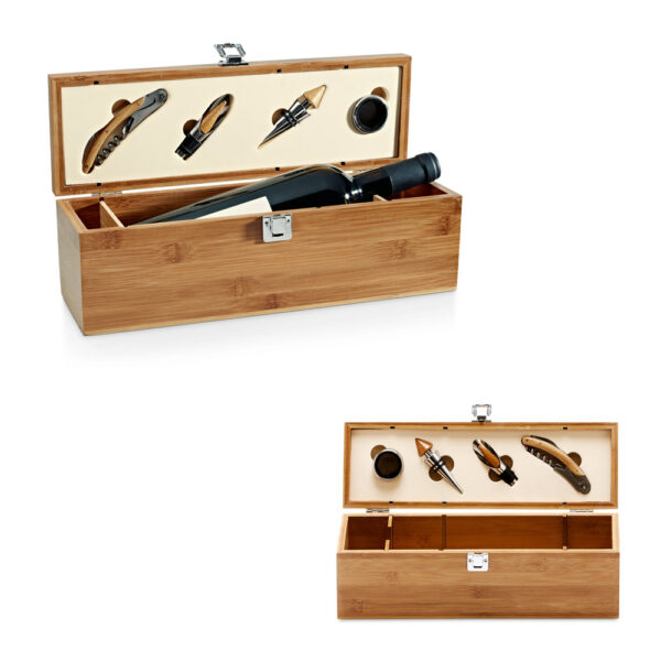conjunto para vinho em bambu e zinco